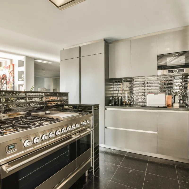 Stainless steel range cooker in a modern kitchen