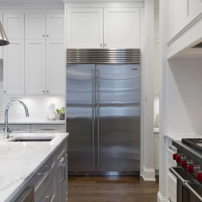 Stainless steel refrigerator in a home kitchen
