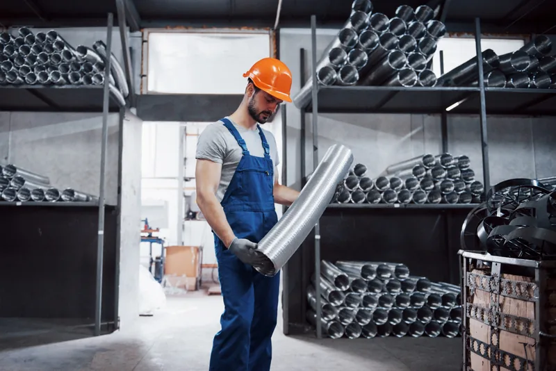 Worker checking stainless steel pipe stock